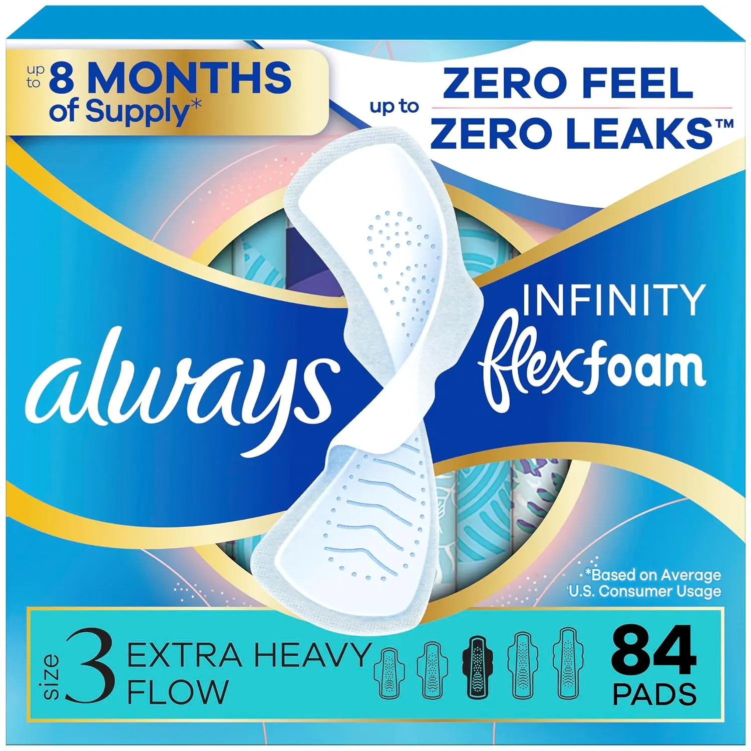 Always Infinity Size 3 unscented pads with FlexFoam for extra heavy flow, offering zero leaks, zero feel, and zero bunching, conforming to your body for comfortable protection.
