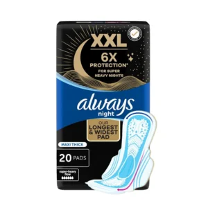 Always Night XXL maxi thick pads offer 6x protection for super heavy flow and uninterrupted sleep, designed to be longer and wider for extra coverage and comfort, dermatologically tested for gentle skin protection.