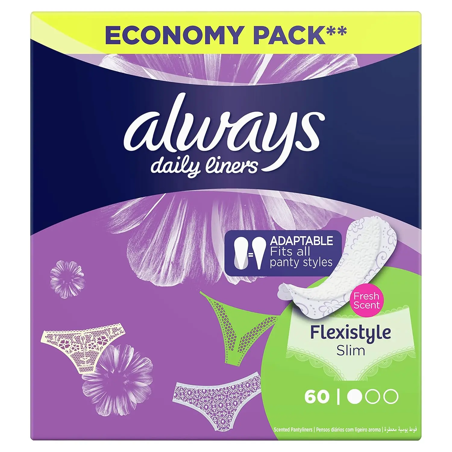 Sixty Always Multiform Normal panty liners with a fresh scent, offering flexible, discreet, and breathable everyday freshness for all styles of underwear, dermatologically tested to be gentle on skin.