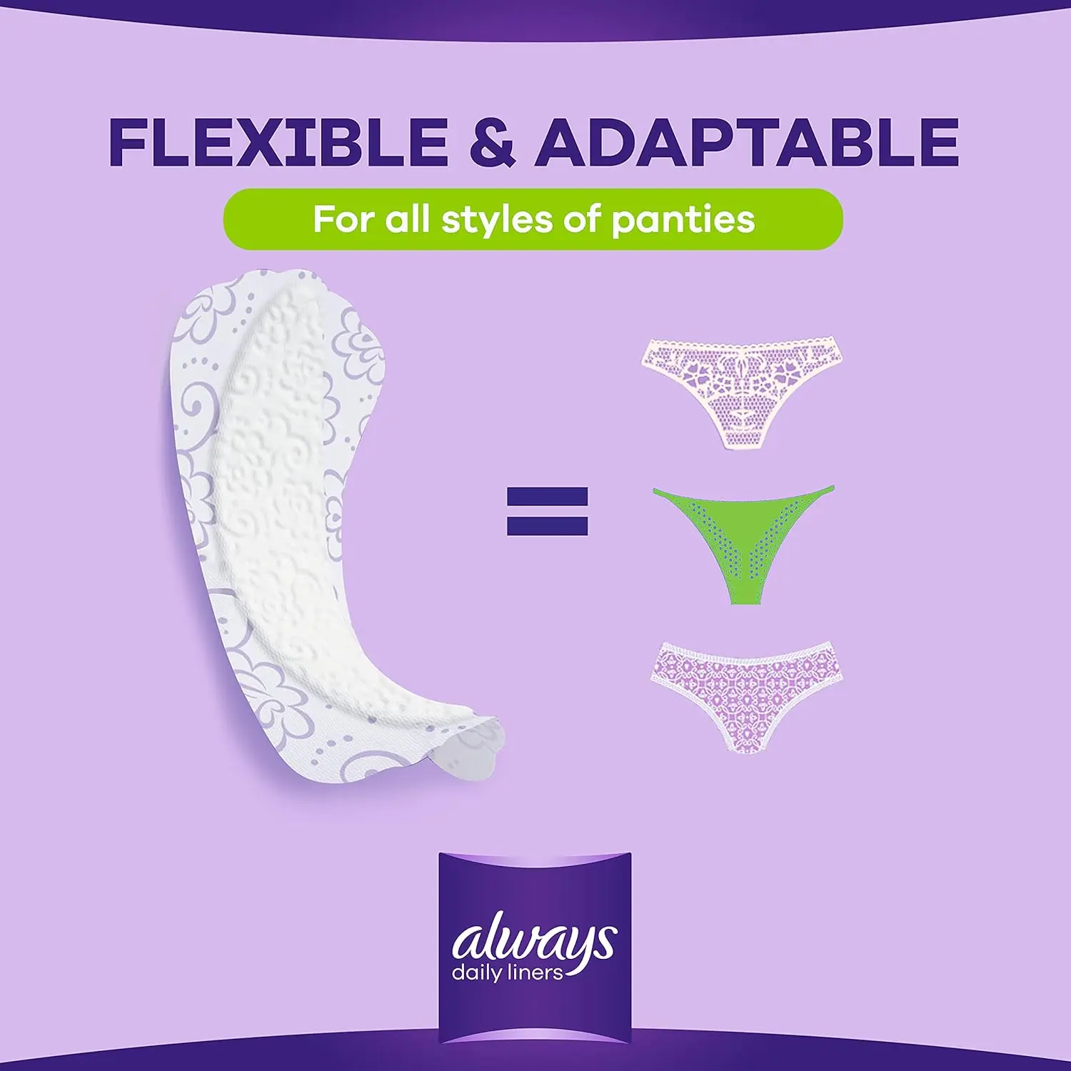 Sixty Always Multiform Normal panty liners with a fresh scent, offering flexible, discreet, and breathable everyday freshness for all styles of underwear, dermatologically tested to be gentle on skin.
