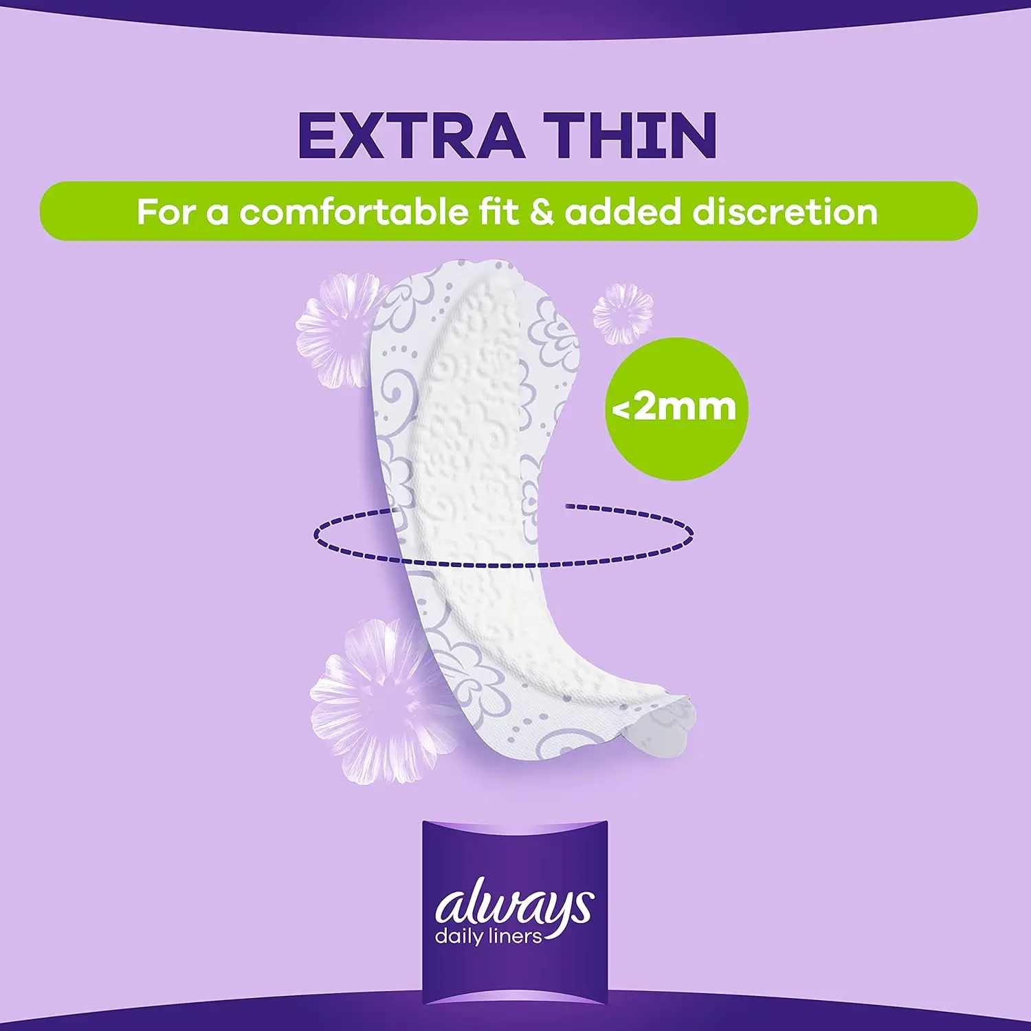 Sixty Always Multiform Normal panty liners with a fresh scent, offering flexible, discreet, and breathable everyday freshness for all styles of underwear, dermatologically tested to be gentle on skin.