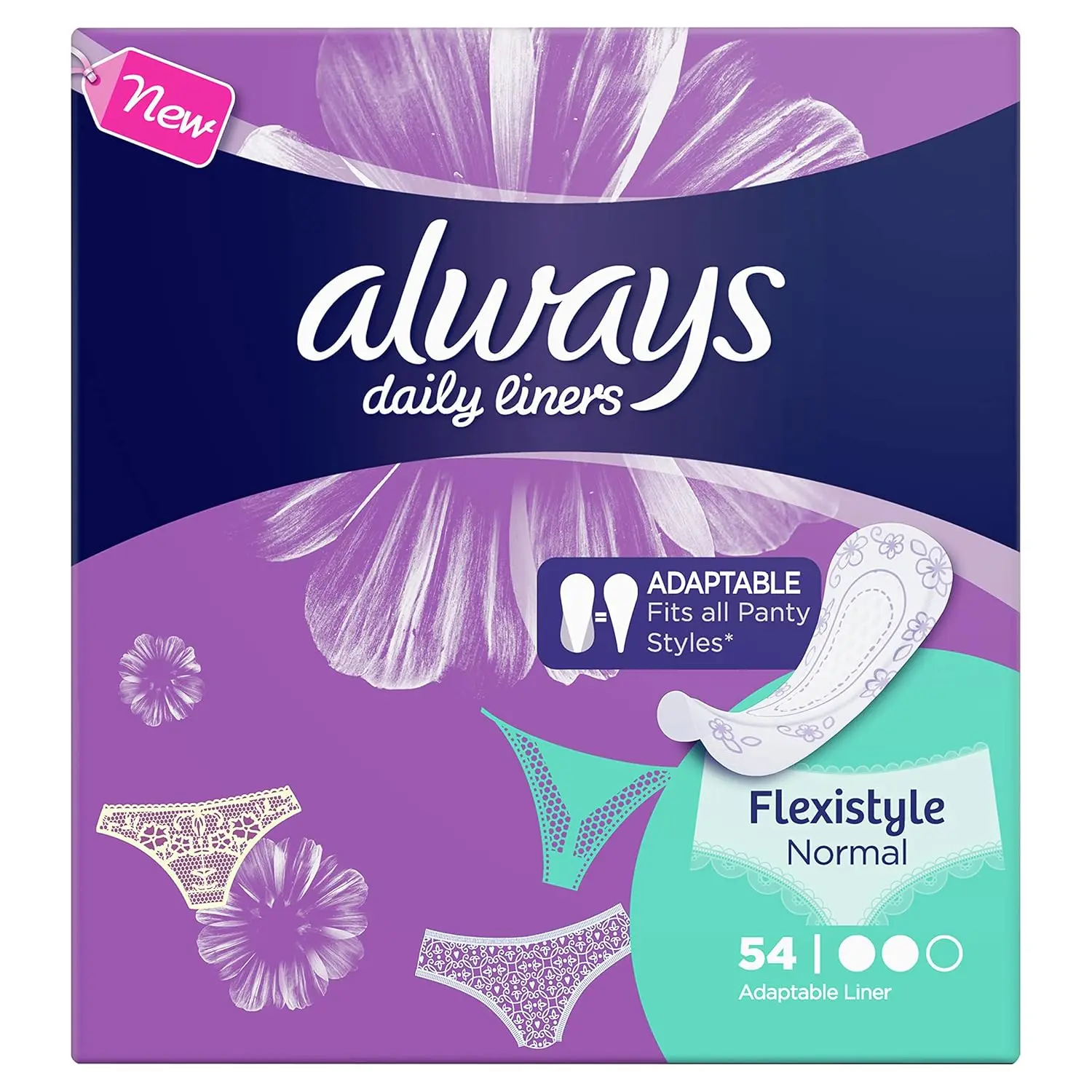 Sixty Always Multiform Normal panty liners with a fresh scent, offering flexible, discreet, and breathable everyday freshness for all styles of underwear, dermatologically tested to be gentle on skin.