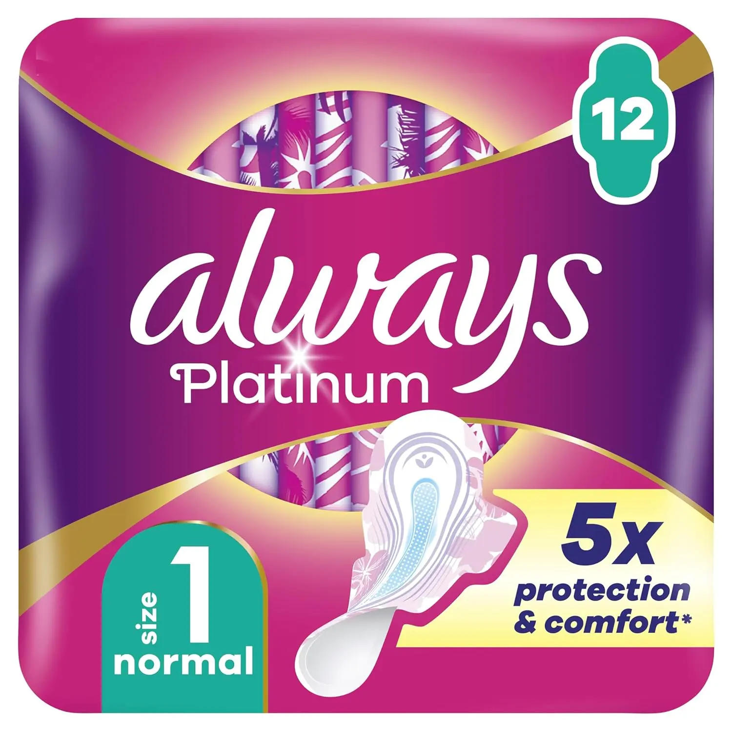 Always Platinum Normal sanitary pads with wings, offering comfort, protection, and odour neutralisation in a dermatologically tested design.