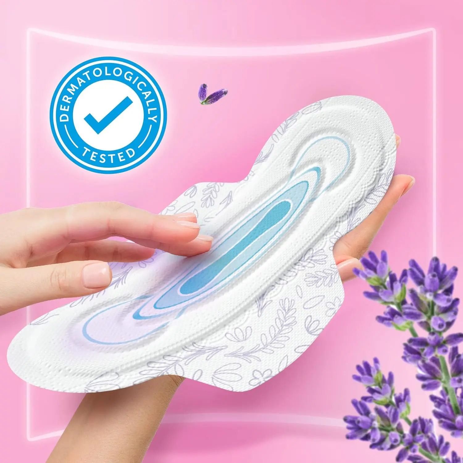 Always Skin Love pads with lavender oil provide soothing skin care and 100% leakage protection, featuring a soft top sheet for a cushiony, flexible feel.