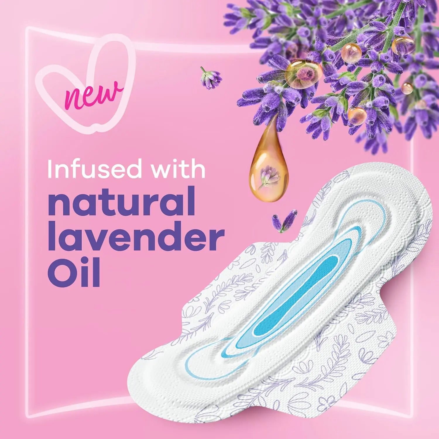 Always Skin Love pads with lavender oil provide soothing skin care and 100% leakage protection, featuring a soft top sheet for a cushiony, flexible feel.