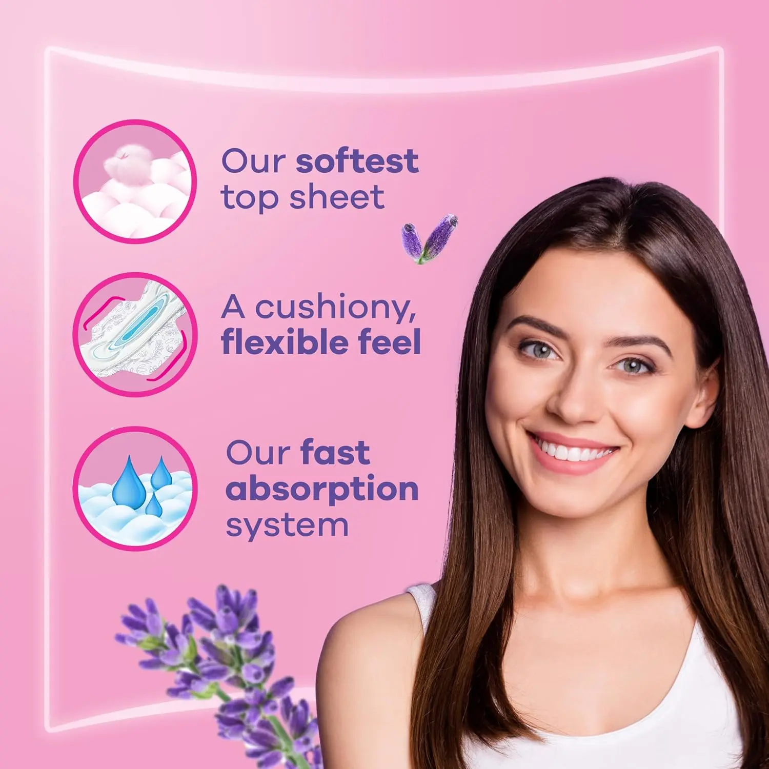 Always Skin Love pads with lavender oil provide soothing skin care and 100% leakage protection, featuring a soft top sheet for a cushiony, flexible feel.