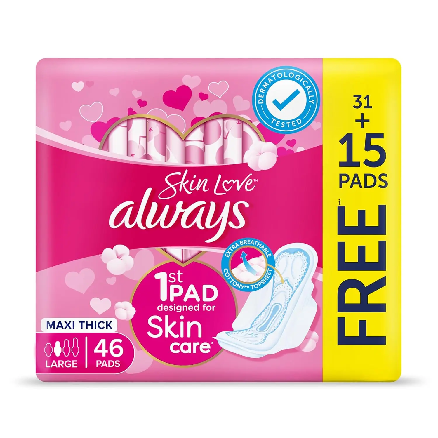 Always Skin Love pads with lavender oil provide soothing skin care and 100% leakage protection, featuring a soft top sheet for a cushiony, flexible feel.