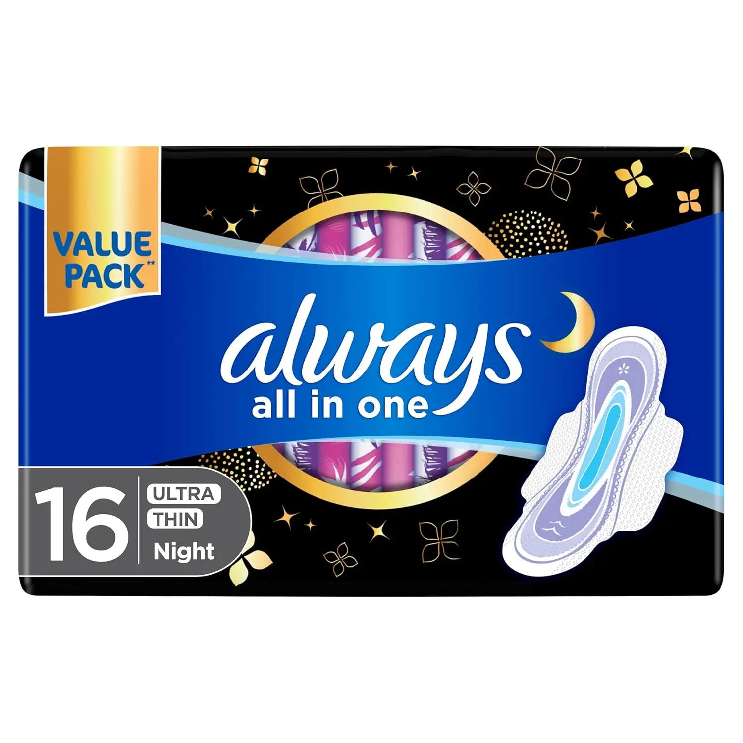 This image shows a pack of Always Ultra Thin All In One Night Large sanitary pads with wings, offering zero compromise on protection, a dry topsheet, clean absorption technology, and odor neutralizing technology for a fresh and comfortable feeling.