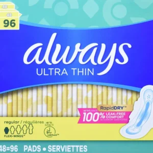 Absorbent Always Ultra Thin Regular Pads with wings, shown in a 96-count pack, quickly lock away leaks and odors.