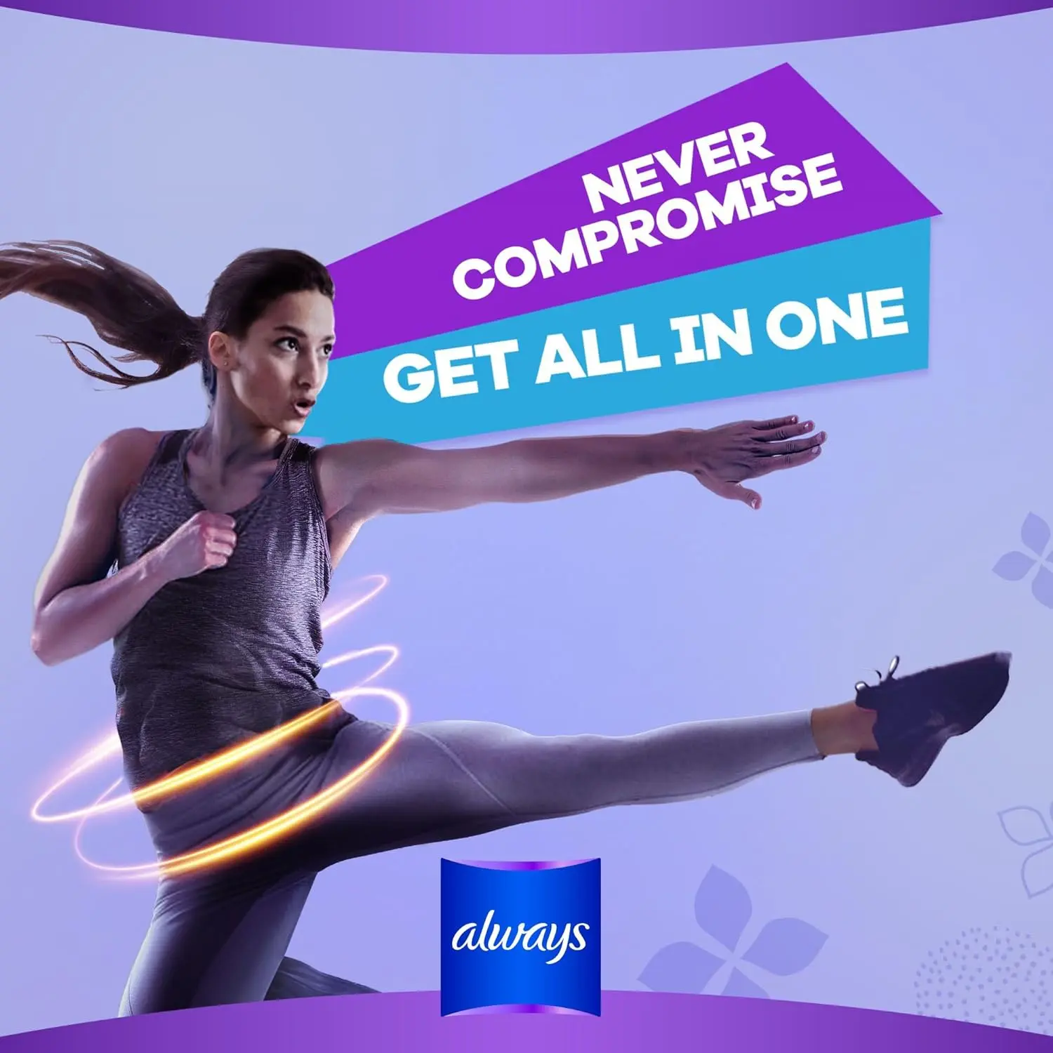 This image shows a pack of Always Ultra Thin All In One Night Large sanitary pads with wings, offering zero compromise on protection, a dry topsheet, clean absorption technology, and odor neutralizing technology for a fresh and comfortable feeling.