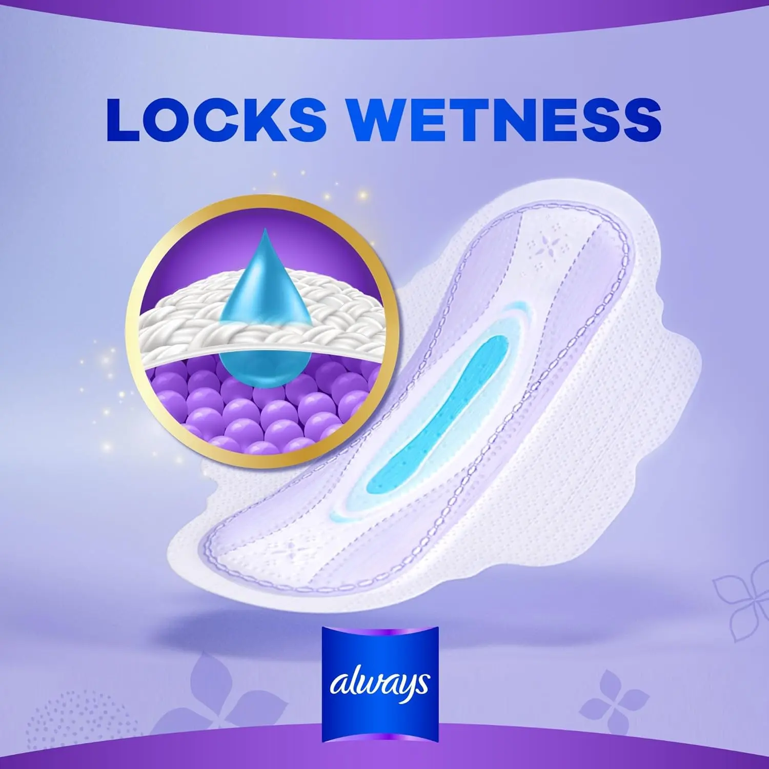 This image shows a pack of Always Ultra Thin All In One Night Large sanitary pads with wings, offering zero compromise on protection, a dry topsheet, clean absorption technology, and odor neutralizing technology for a fresh and comfortable feeling.