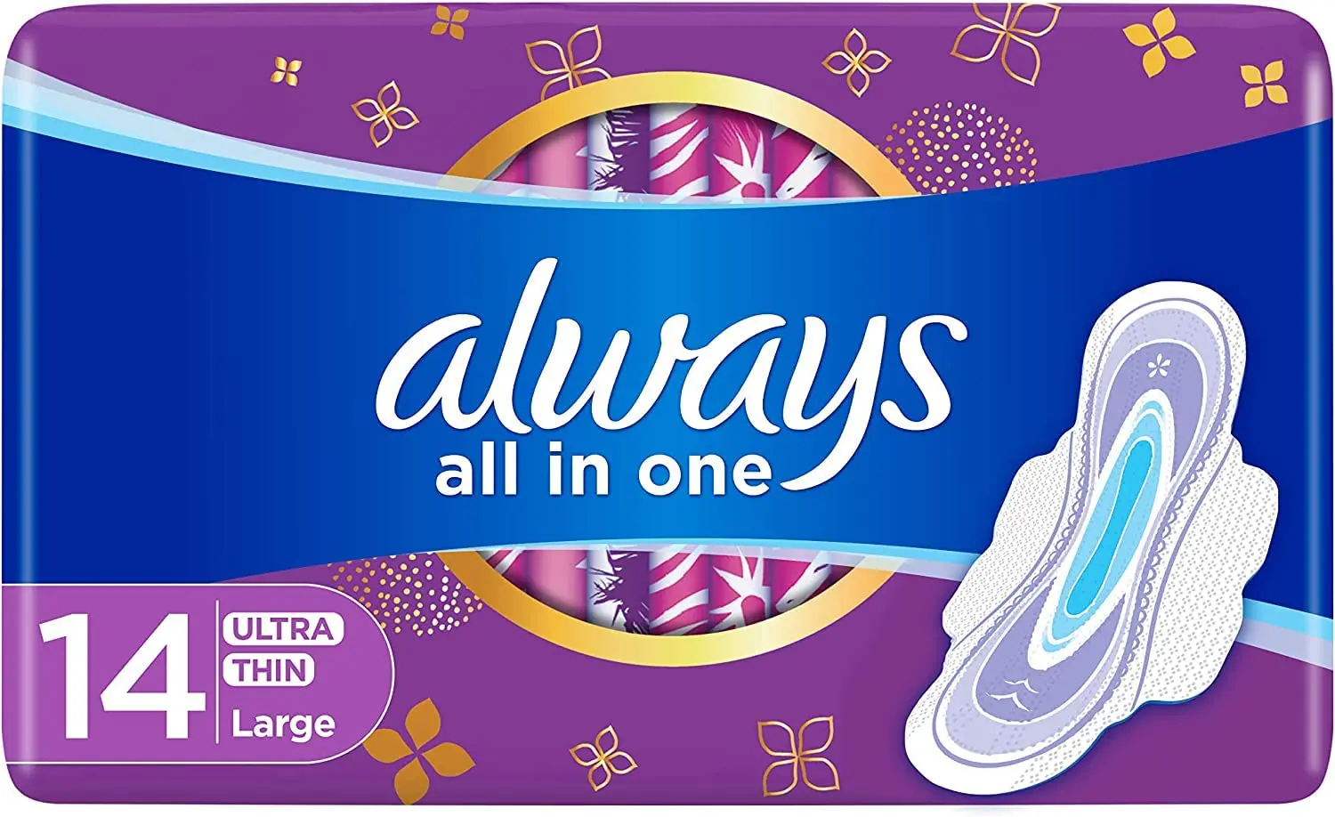This image shows a pack of Always Ultra Thin All In One Night Large sanitary pads with wings, offering zero compromise on protection, a dry topsheet, clean absorption technology, and odor neutralizing technology for a fresh and comfortable feeling.