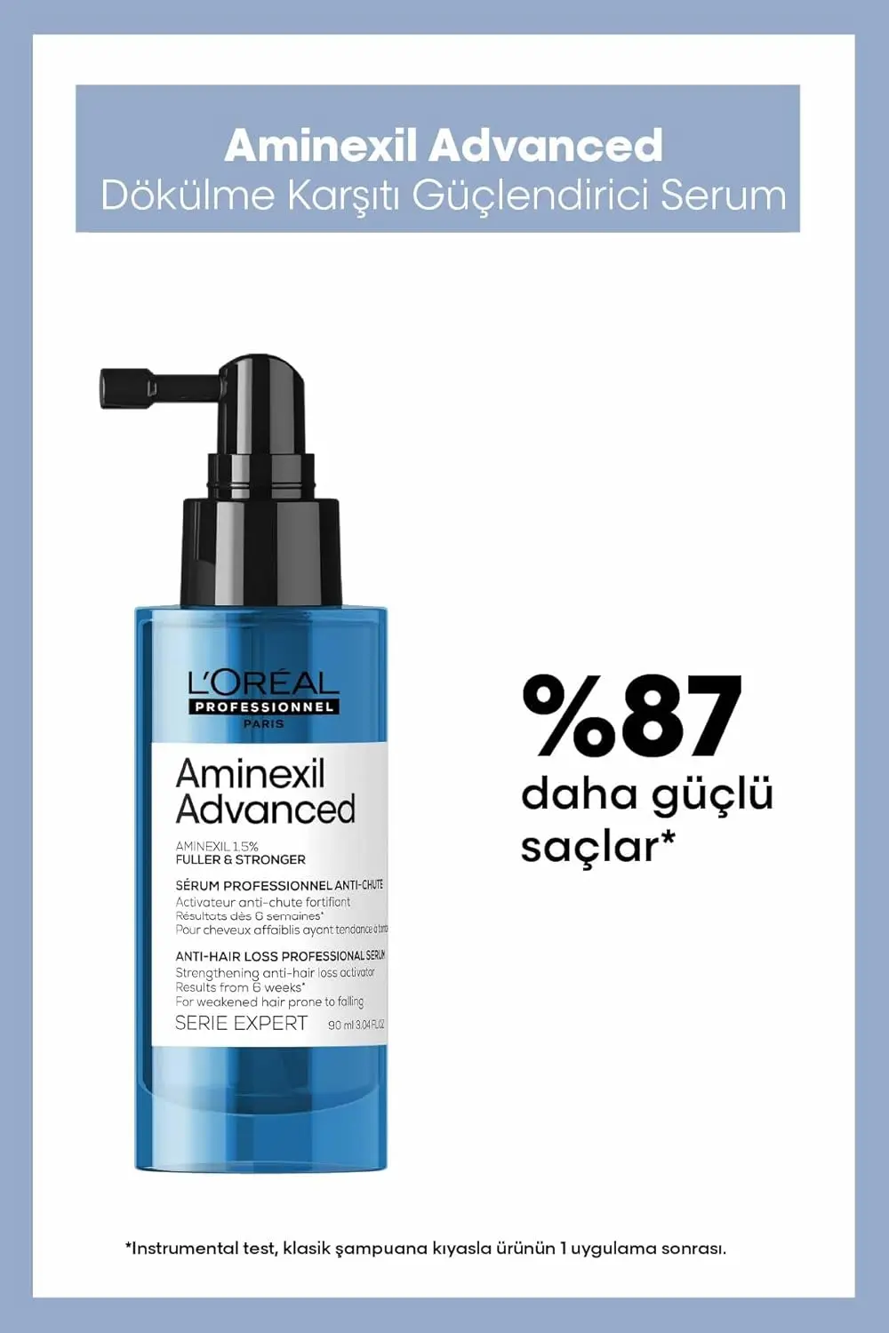L'Oréal Professionnel Aminexil Advanced serum helps reduce hair loss and strengthens weakened hair prone to falling, thanks to its concentrated 1.5% Aminexil formula.
