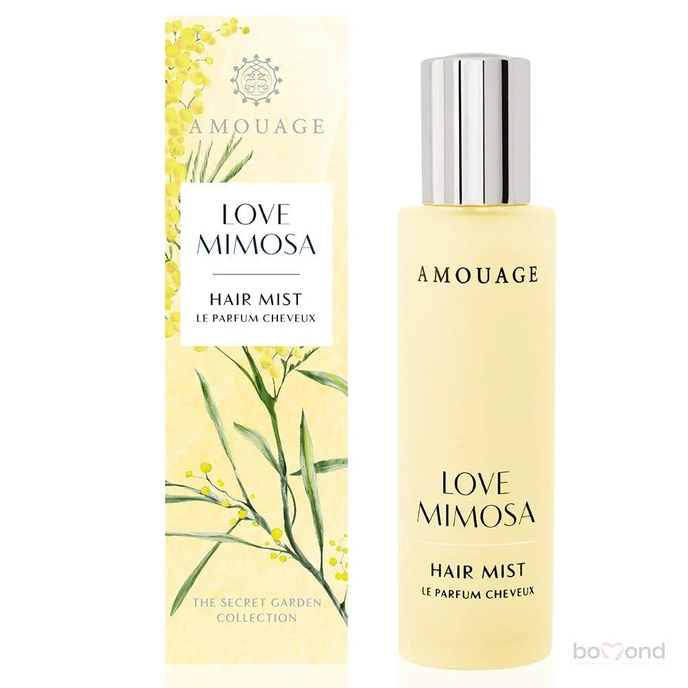 Amouage Love Mimosa hair mist for women, a delicate fragrance with orris, pear, and heliotrope notes.