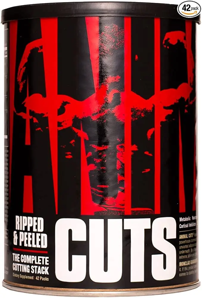 Universal Animal Cuts supplement for extreme definition and vascularity, designed to help athletes reduce water retention and achieve maximum striations and cuts while supporting a healthy appetite during bodybuilding.