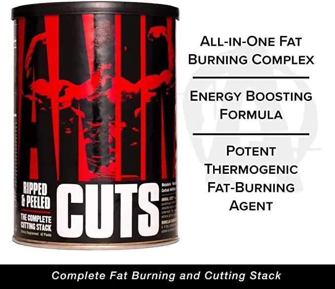 Universal Animal Cuts supplement for extreme definition and vascularity, designed to help athletes reduce water retention and achieve maximum striations and cuts while supporting a healthy appetite during bodybuilding.