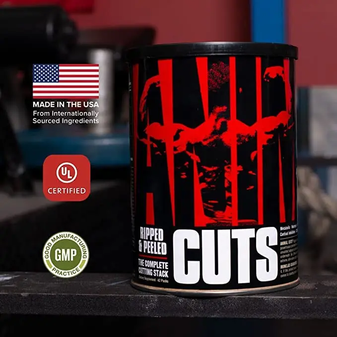 Universal Animal Cuts supplement for extreme definition and vascularity, designed to help athletes reduce water retention and achieve maximum striations and cuts while supporting a healthy appetite during bodybuilding.