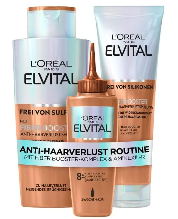L'Oréal Elvital anti-hair loss shampoo strengthens hair fibers, reduces breakage, and promotes thicker, stronger hair with Aminexil-R.