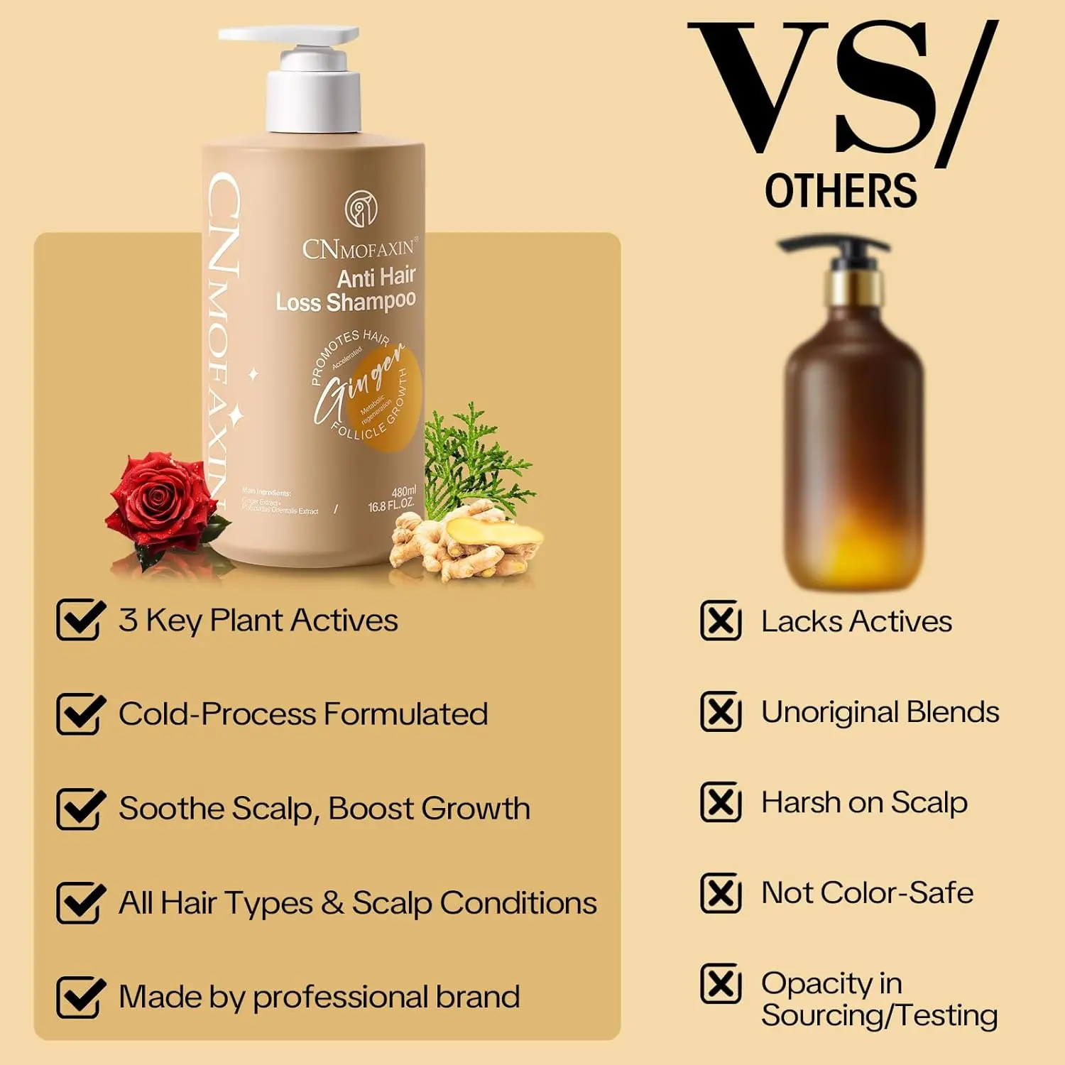 Anti hair loss shampoo with castor oil, rose oil, and ginger extract promotes hair growth, thickens hair, and soothes dry, itchy scalp for men and women.