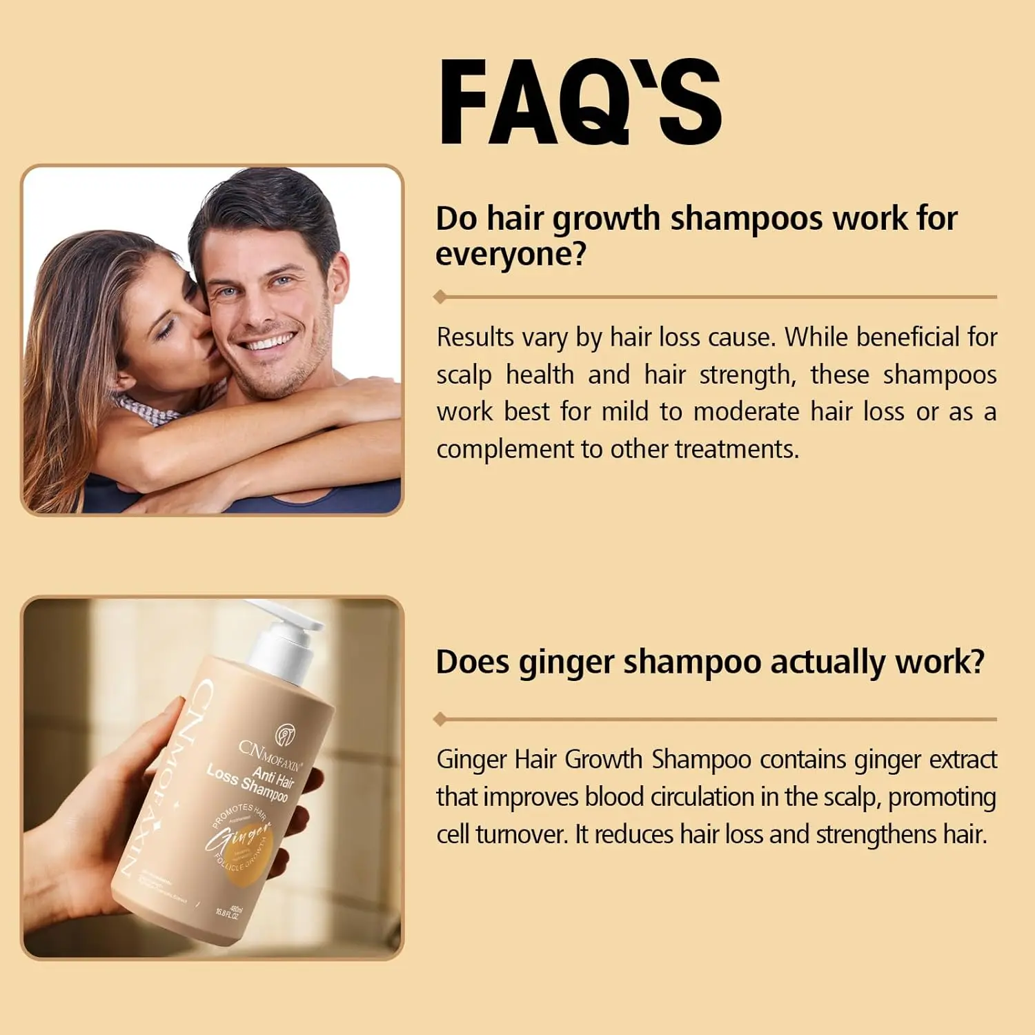 Anti hair loss shampoo with castor oil, rose oil, and ginger extract promotes hair growth, thickens hair, and soothes dry, itchy scalp for men and women.