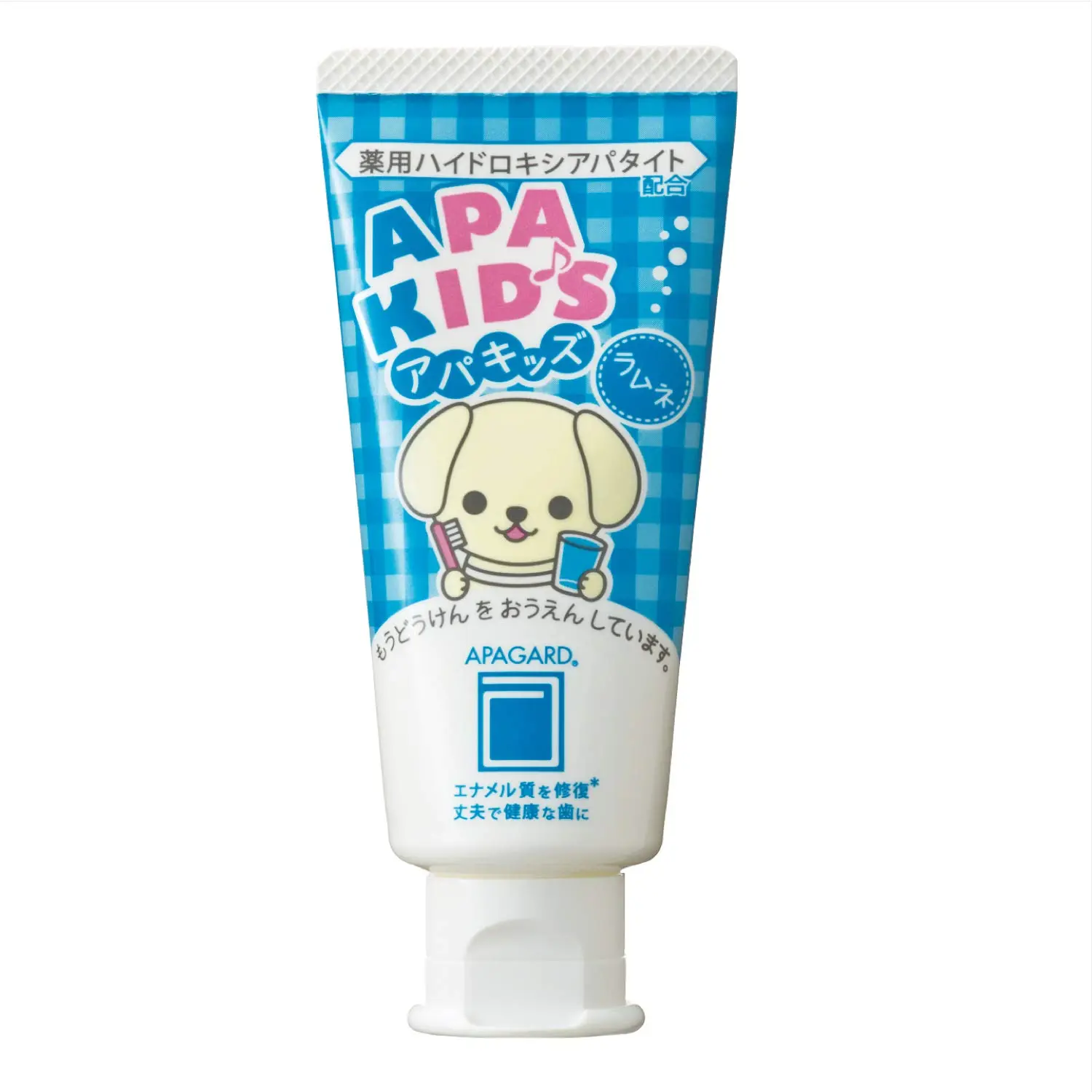 Apagard Apa-Kids 60g toothpaste with Ramune flavor, the first nanohydroxyapatite remineralizing toothpaste for cavity prevention in children.