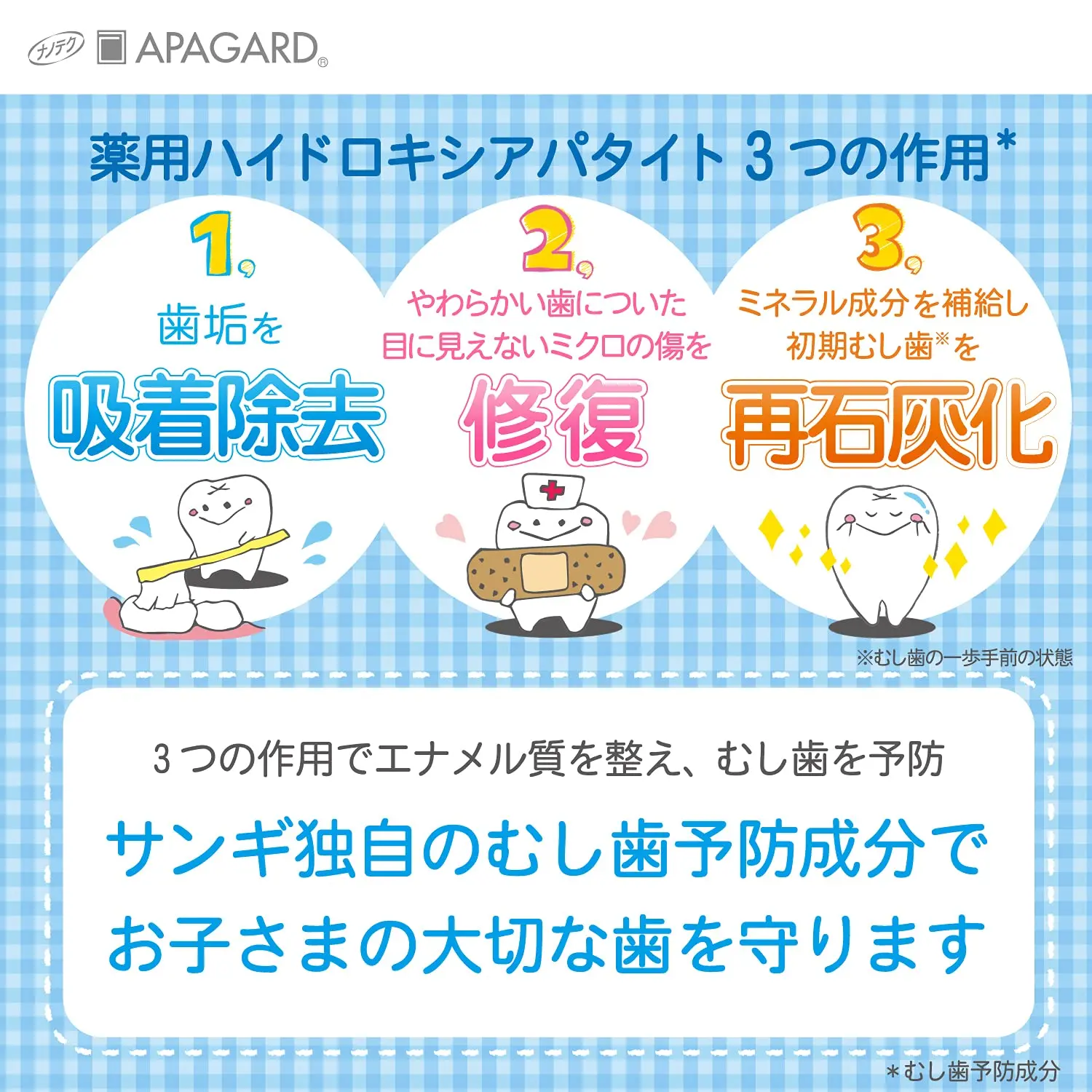 Apagard Apa-Kids 60g toothpaste with Ramune flavor, the first nanohydroxyapatite remineralizing toothpaste for cavity prevention in children.