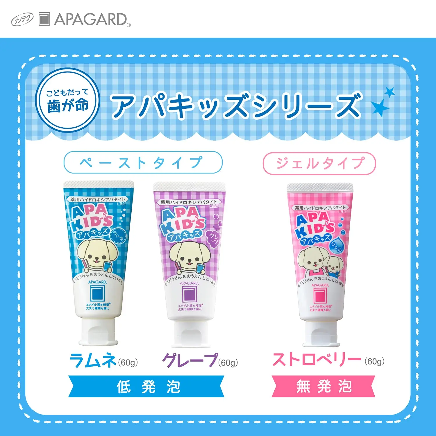 Apagard Apa-Kids 60g toothpaste with Ramune flavor, the first nanohydroxyapatite remineralizing toothpaste for cavity prevention in children.