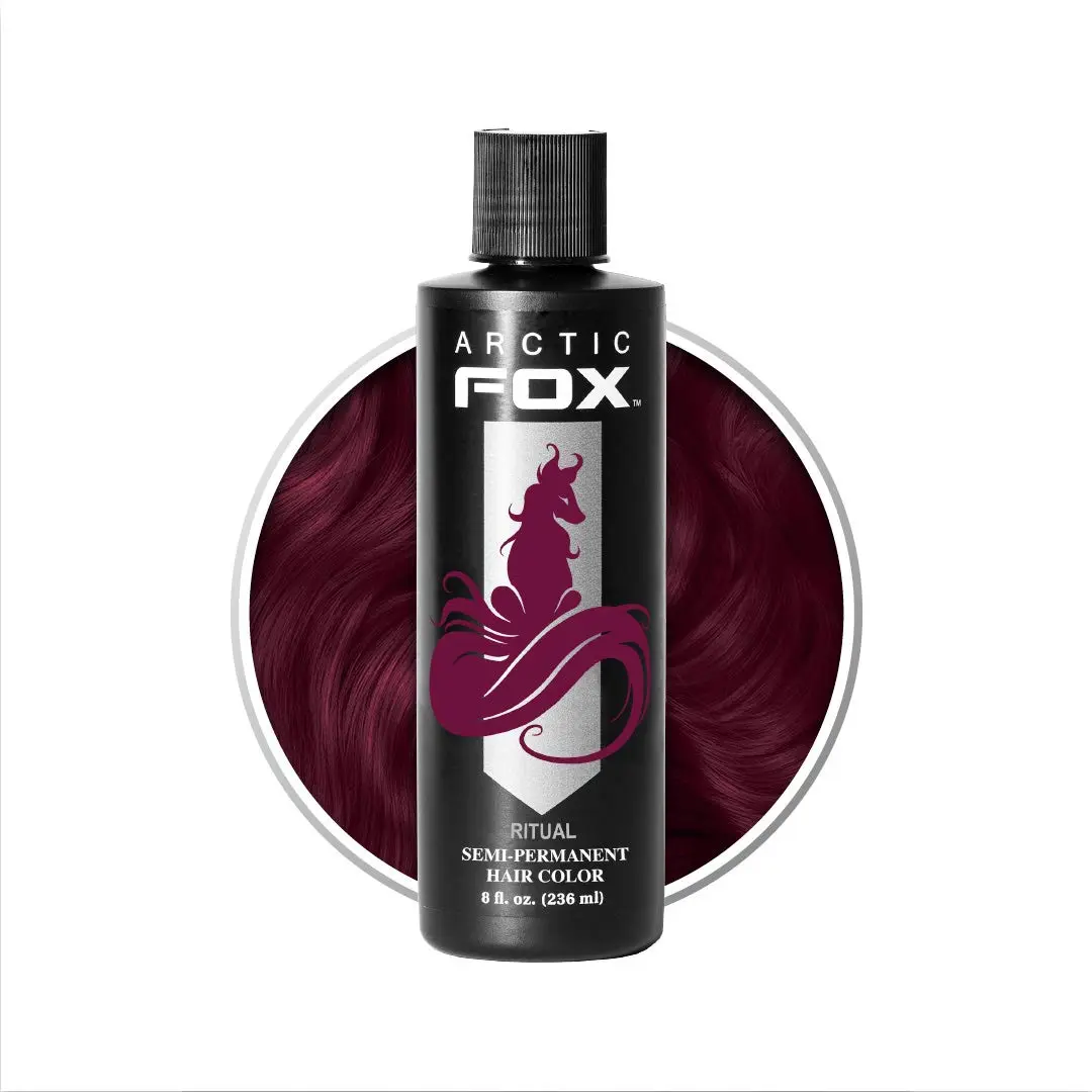 Bottle of Arctic Fox Ritual semi-permanent hair dye, a vibrant burgundy color for achieving long-lasting, cruelty-free results.
