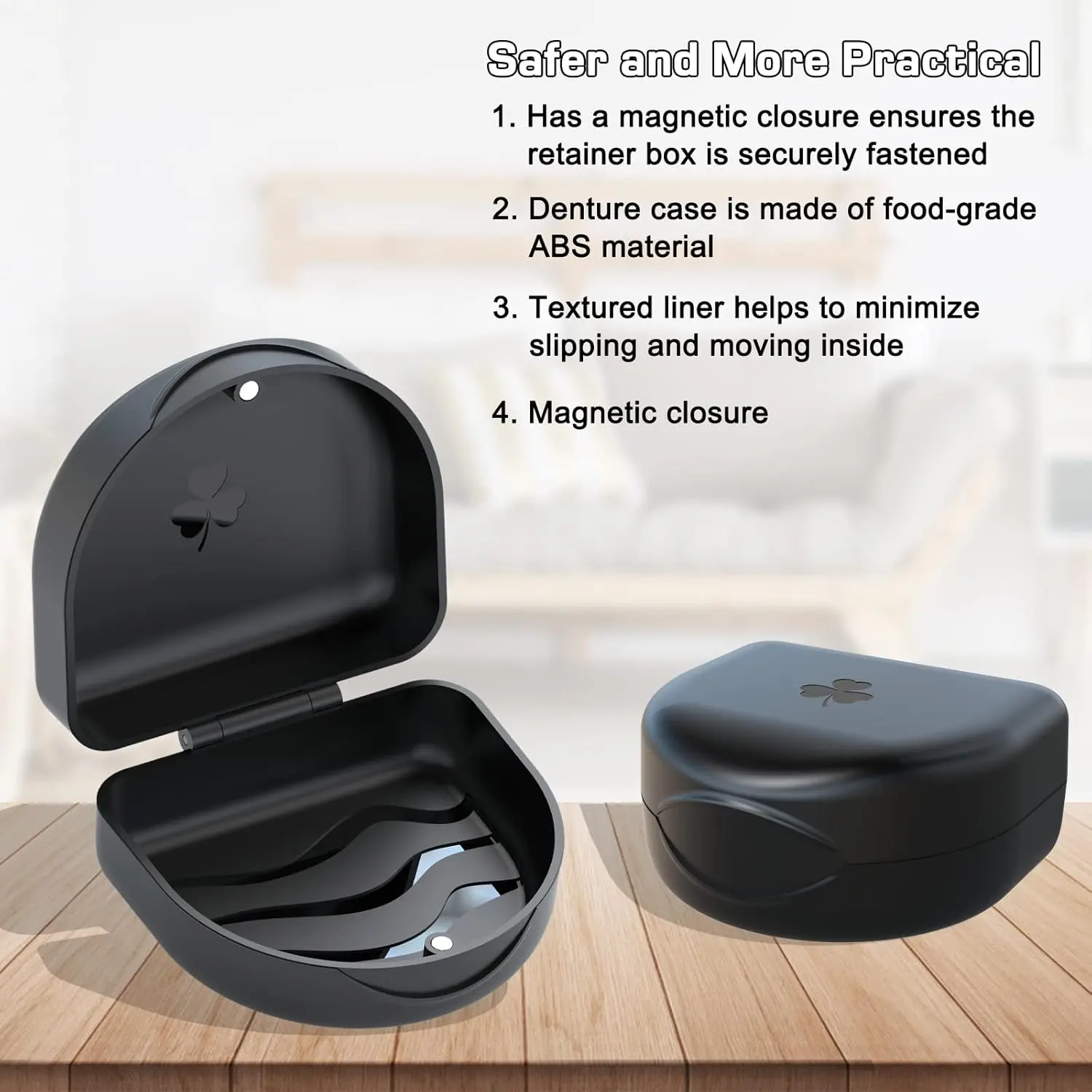 Black Argomax aligner case with magnetic clasp, designed to protect Invisalign aligners and retainers, made of durable PC material.