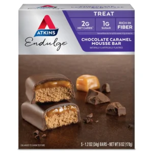 Indulge in the Atkins Chocolate Caramel Mousse Bar, a delicious snack food bar perfect for a low-carb lifestyle.