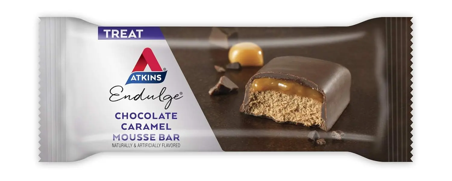 Indulge in the Atkins Chocolate Caramel Mousse Bar, a delicious snack food bar perfect for a low-carb lifestyle.