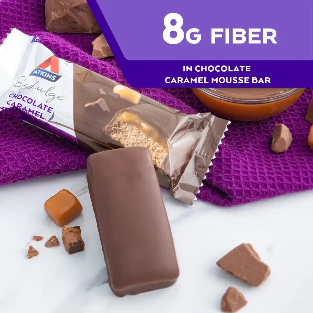 Indulge in the Atkins Chocolate Caramel Mousse Bar, a delicious snack food bar perfect for a low-carb lifestyle.