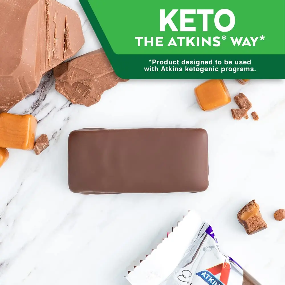 Indulge in the Atkins Chocolate Caramel Mousse Bar, a delicious snack food bar perfect for a low-carb lifestyle.