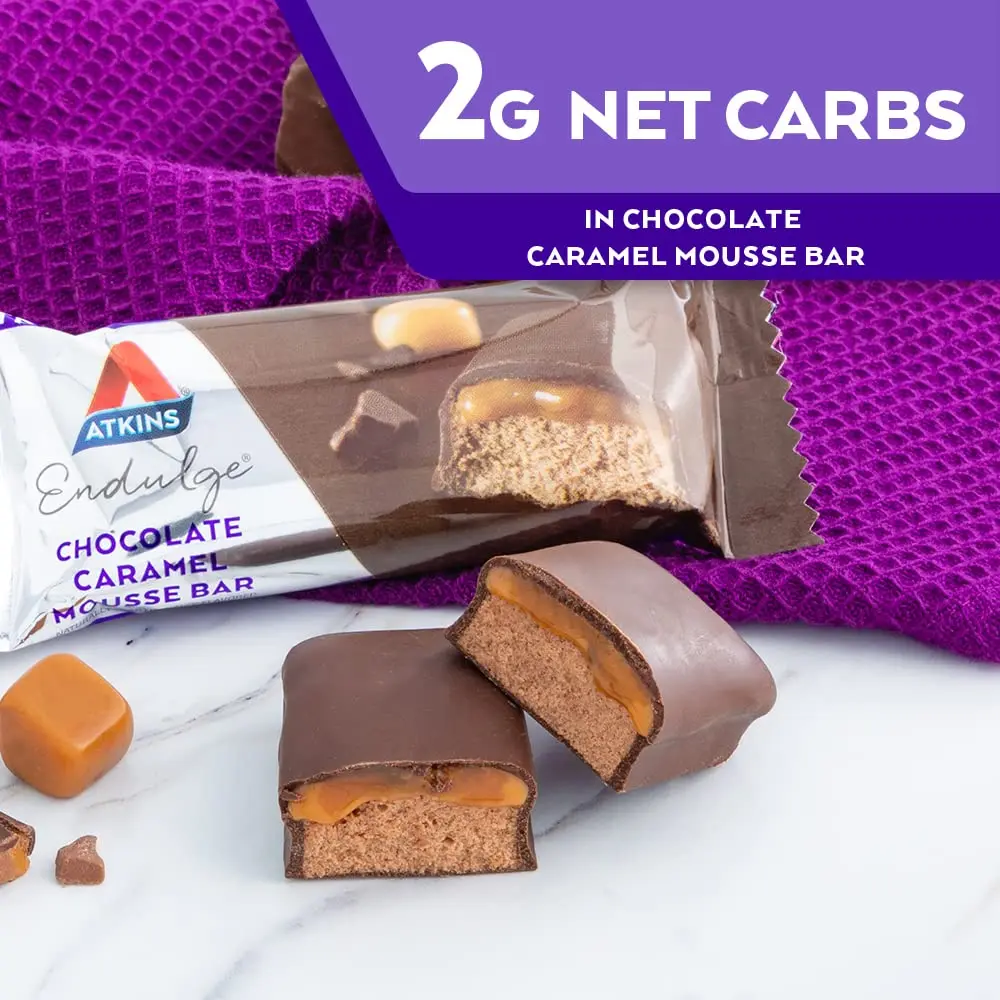 Indulge in the Atkins Chocolate Caramel Mousse Bar, a delicious snack food bar perfect for a low-carb lifestyle.