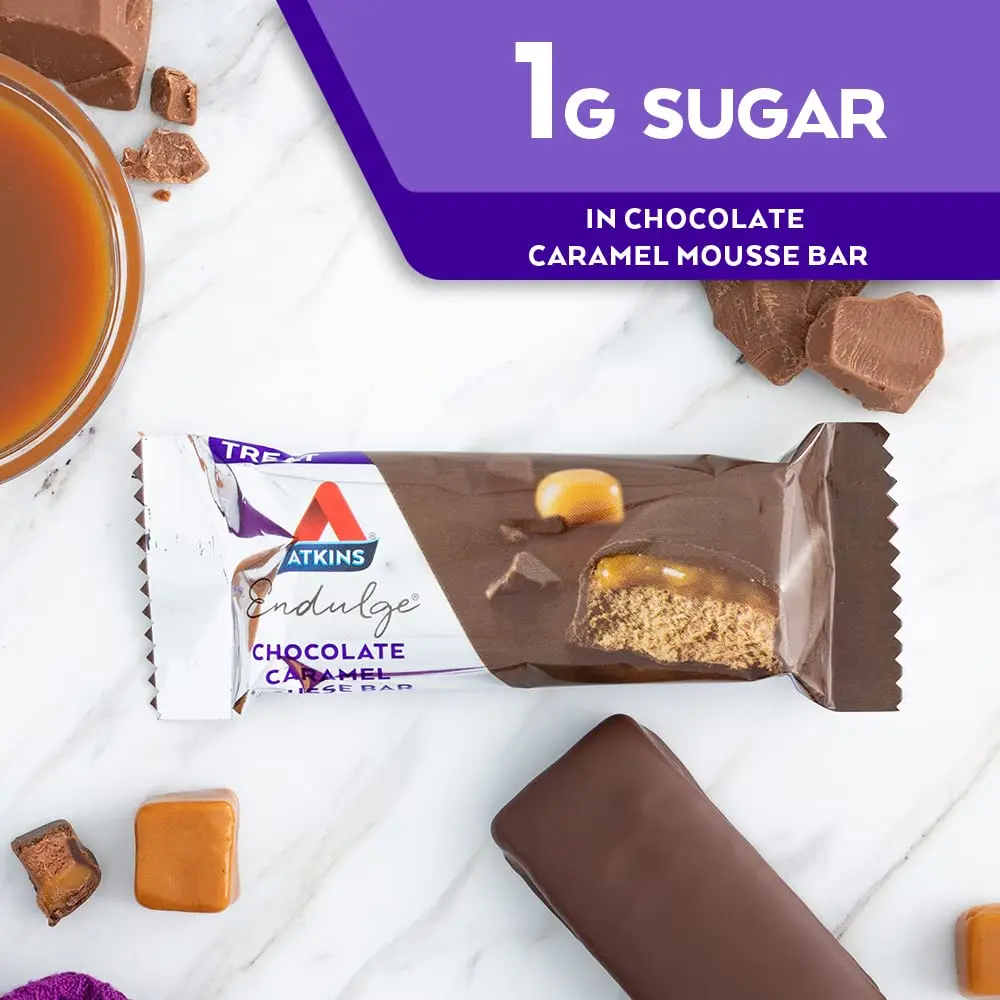 Indulge in the Atkins Chocolate Caramel Mousse Bar, a delicious snack food bar perfect for a low-carb lifestyle.