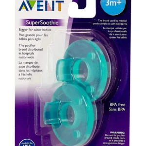 Two green Philips AVENT Soothie pacifiers, designed for babies 3 months and older, are displayed, highlighting their one-piece orthodontic design made from hospital-grade silicone.