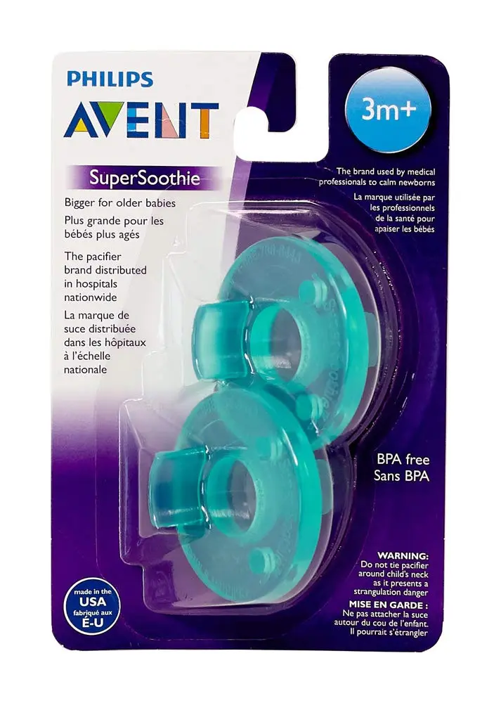 Two green Philips AVENT Soothie pacifiers, designed for babies 3 months and older, are displayed, highlighting their one-piece orthodontic design made from hospital-grade silicone.