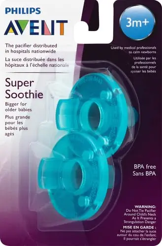 Two green Philips AVENT Soothie pacifiers, designed for babies 3 months and older, are displayed, highlighting their one-piece orthodontic design made from hospital-grade silicone.