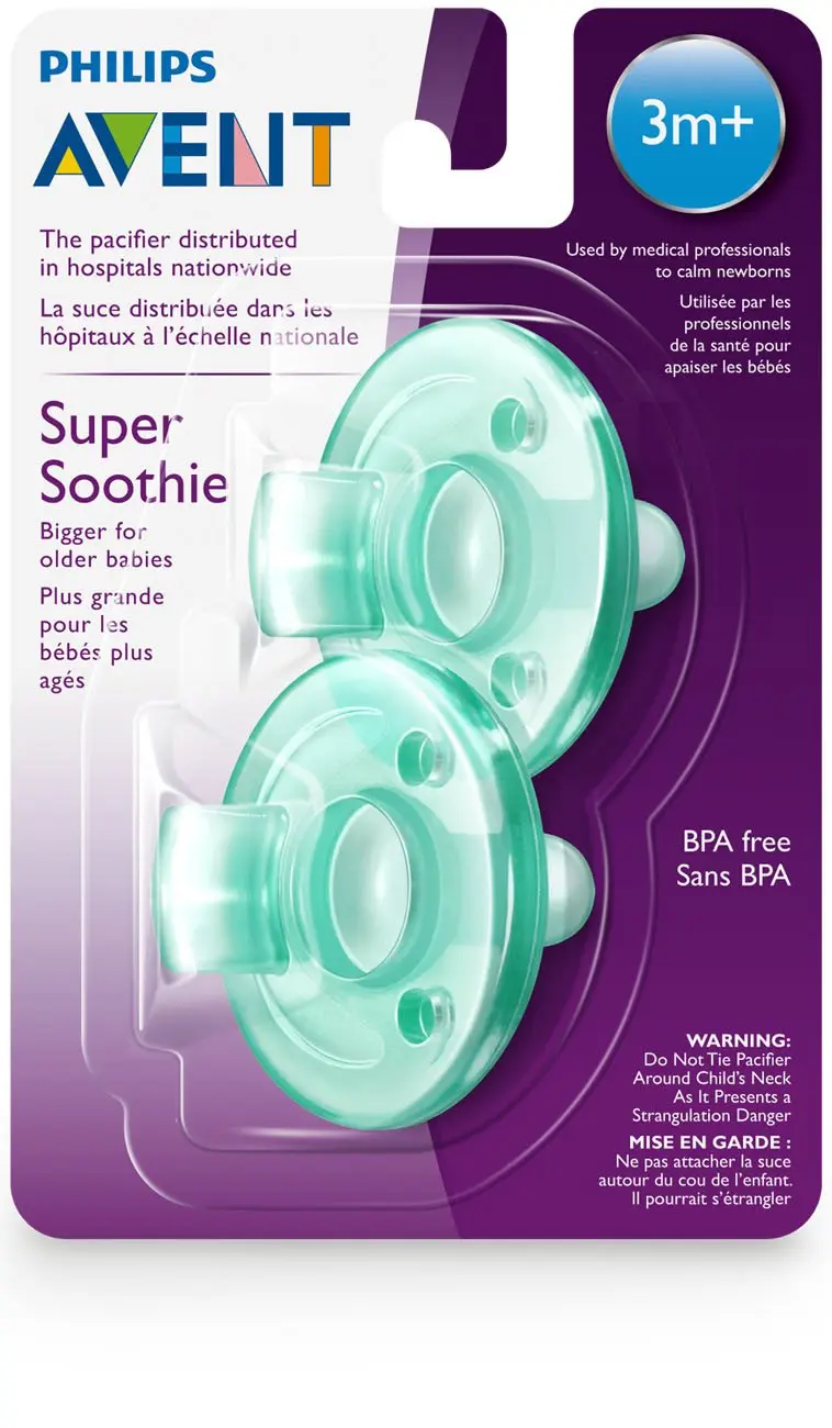 Two green Philips AVENT Soothie pacifiers, designed for babies 3 months and older, are displayed, highlighting their one-piece orthodontic design made from hospital-grade silicone.