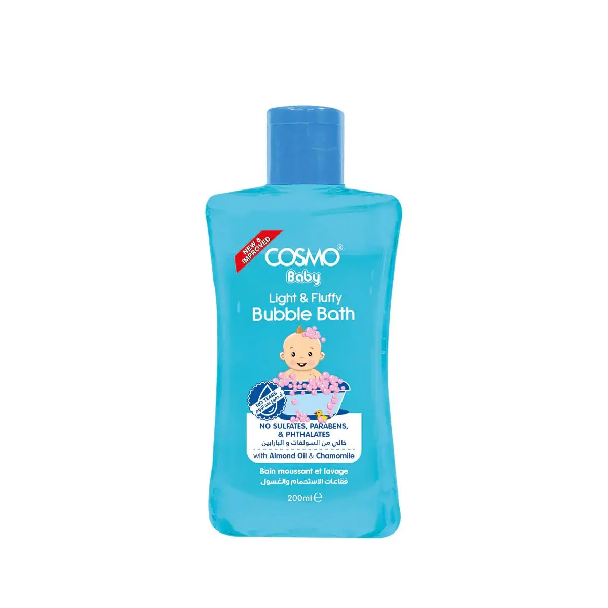 Cosmo Baby bubble bath with almond oil and chamomile creates rich, long-lasting bubbles while gently nourishing sensitive skin.