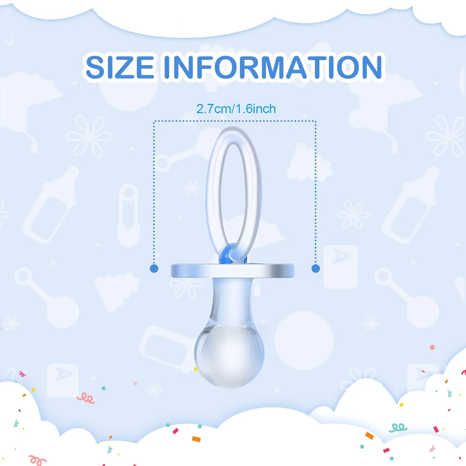 This set of 24 acrylic baby pacifier necklaces in pink and blue are perfect party favors and decorations for a gender reveal or baby shower.