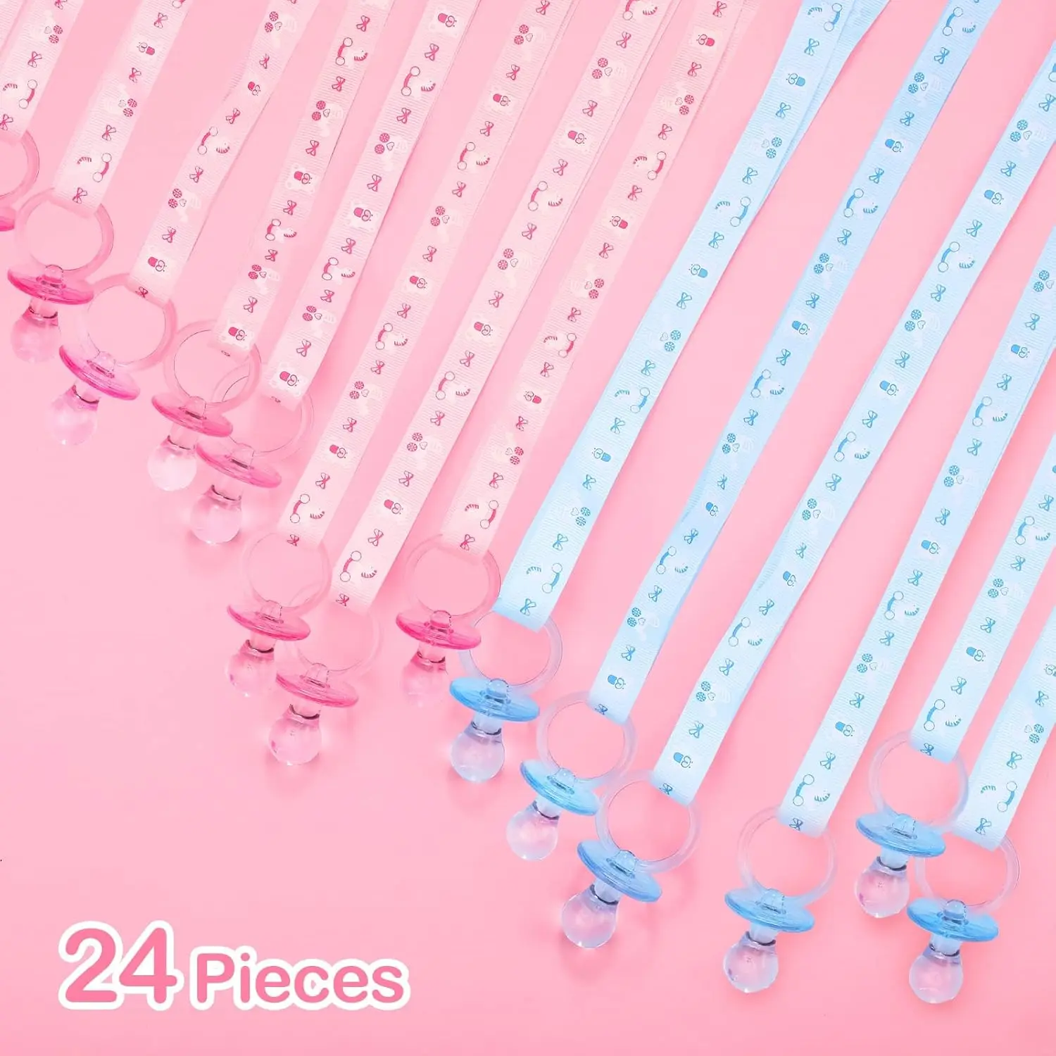 This set of 24 acrylic baby pacifier necklaces in pink and blue are perfect party favors and decorations for a gender reveal or baby shower.