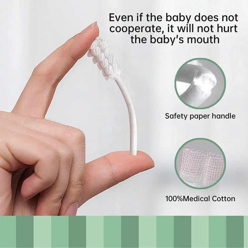 A baby tongue cleaner made of soft, medical-grade cotton gauze effectively removes milk stains and keeps the newborn's mouth clean.