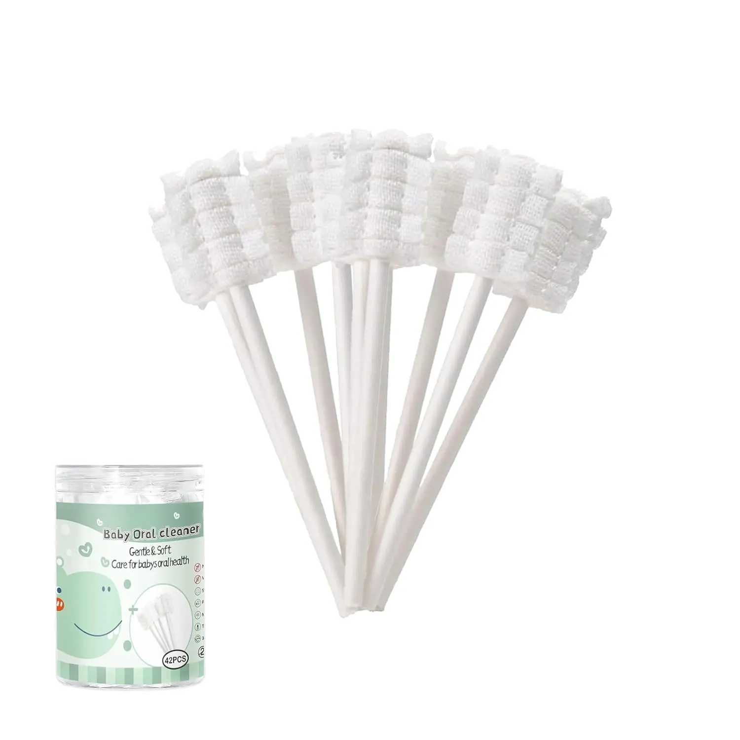 This image displays a 42-piece baby tongue cleaner kit with disposable infant toothbrushes designed for gentle oral cleaning and gum care for newborns and infants up to 36 months old.