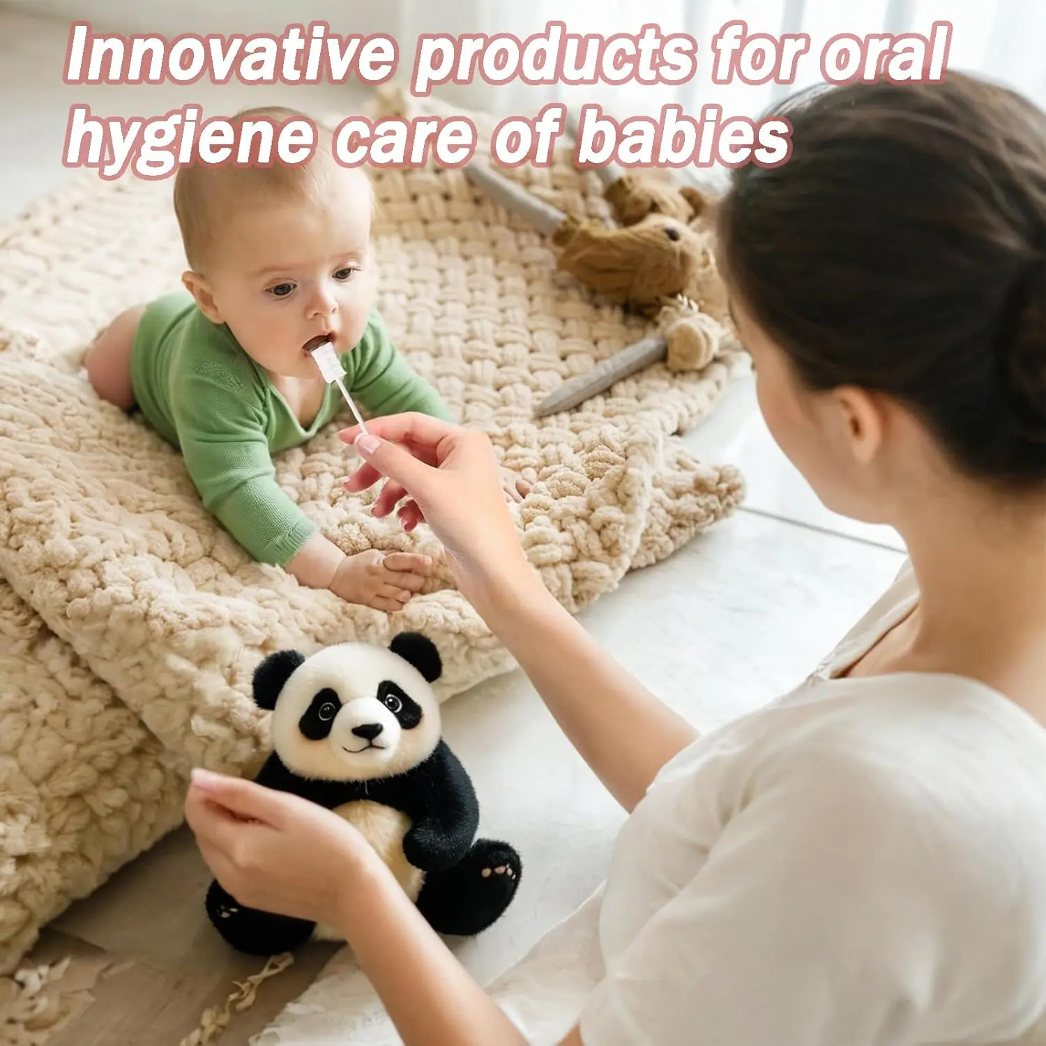 This image displays a 42-piece baby tongue cleaner kit with disposable infant toothbrushes designed for gentle oral cleaning and gum care for newborns and infants up to 36 months old.