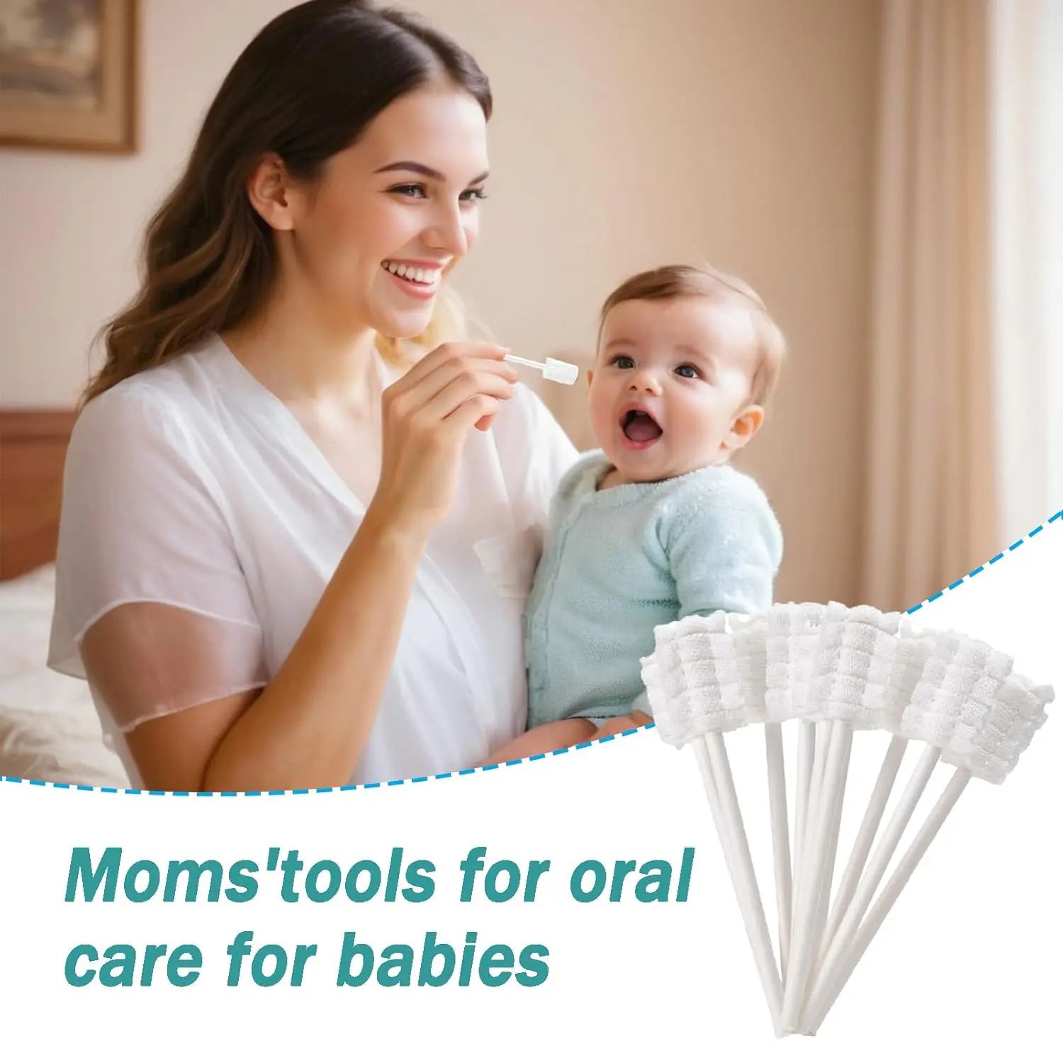 This image displays a 42-piece baby tongue cleaner kit with disposable infant toothbrushes designed for gentle oral cleaning and gum care for newborns and infants up to 36 months old.