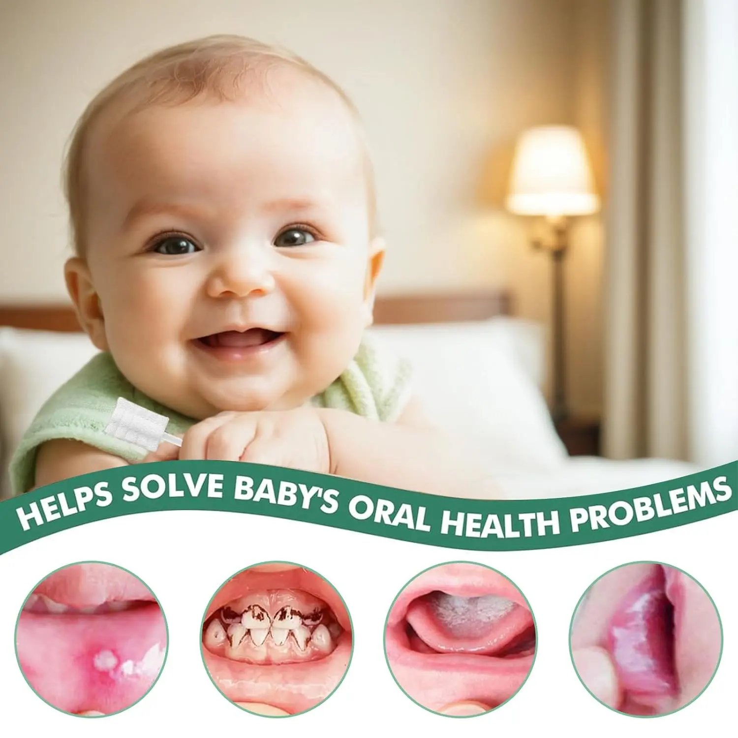 This image displays a 42-piece baby tongue cleaner kit with disposable infant toothbrushes designed for gentle oral cleaning and gum care for newborns and infants up to 36 months old.
