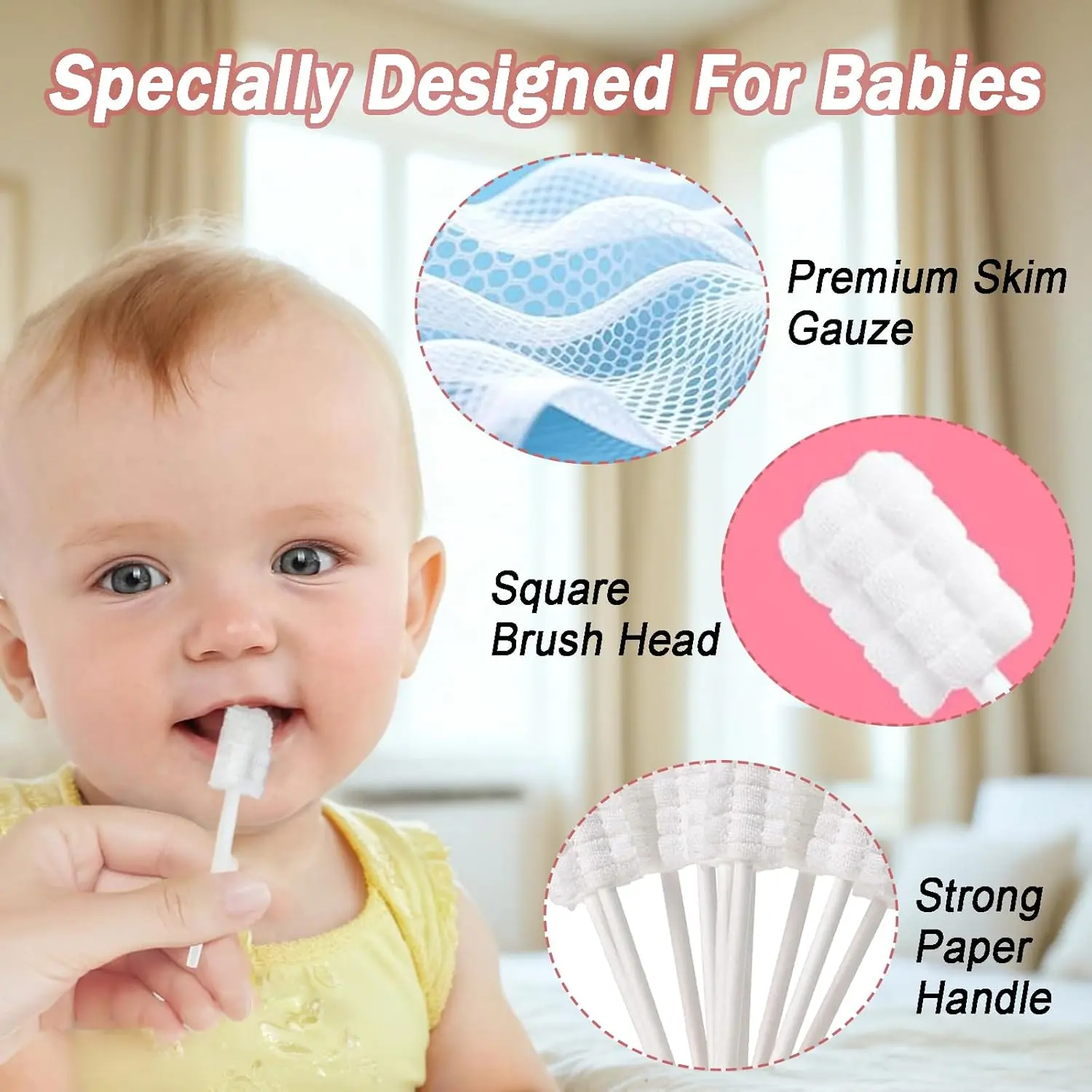 This image displays a 42-piece baby tongue cleaner kit with disposable infant toothbrushes designed for gentle oral cleaning and gum care for newborns and infants up to 36 months old.