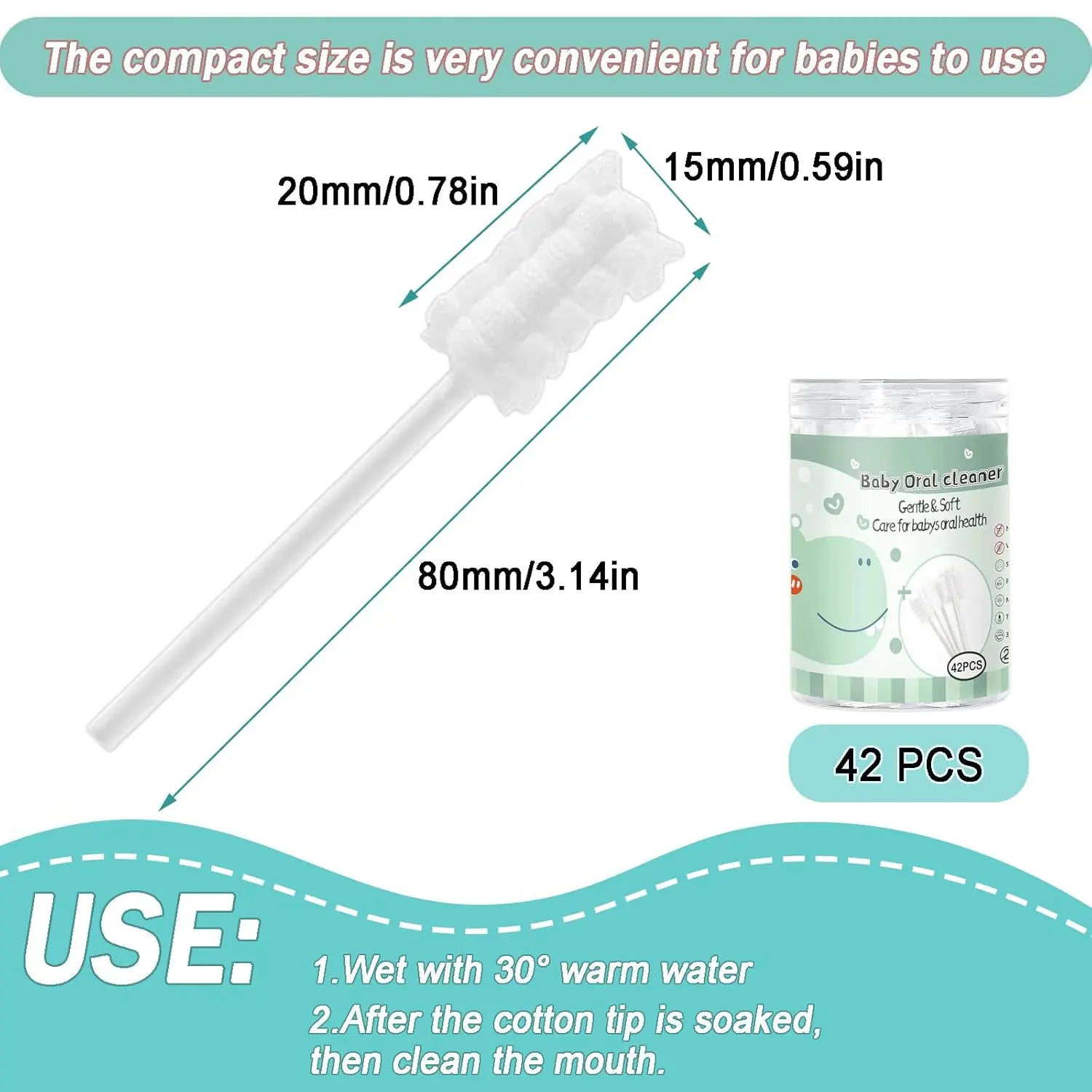 This image displays a 42-piece baby tongue cleaner kit with disposable infant toothbrushes designed for gentle oral cleaning and gum care for newborns and infants up to 36 months old.