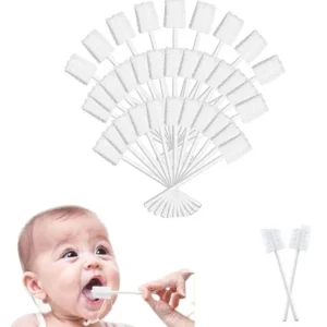 Thirty individually wrapped disposable baby toothbrushes for gentle oral cleaning of newborns and infants to remove milk stains and massage gums.